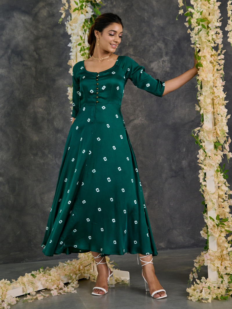 Green Bandhani Modal Satin Fit & Flare Dress