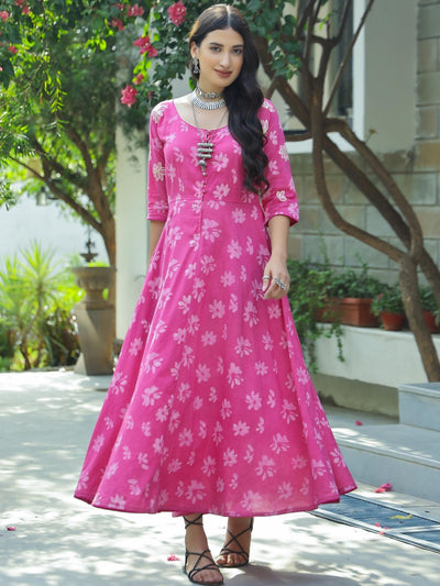 Pink Floral Dabu Print Fit & Flare Maxi Dress