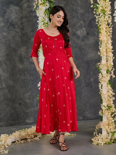 Red Bandhani Modal Satin Fit & Flare Dress