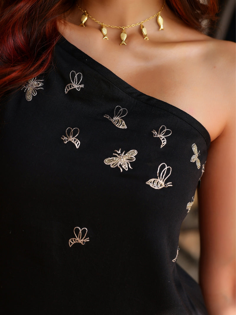 Black One Shoulder Bug Embroidered Cocktail Dress