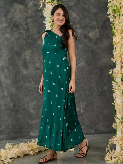 Green Bandhani Modal Satin One- Shoulder Dress