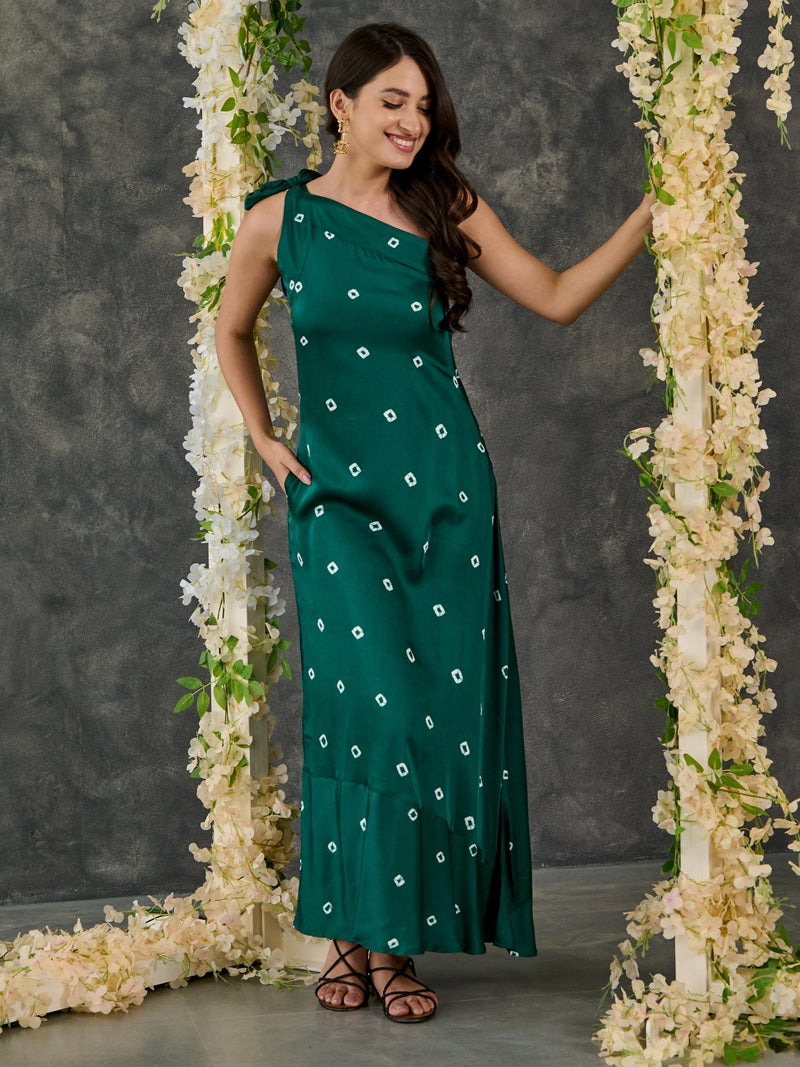 Green Bandhani Modal Satin One- Shoulder Dress