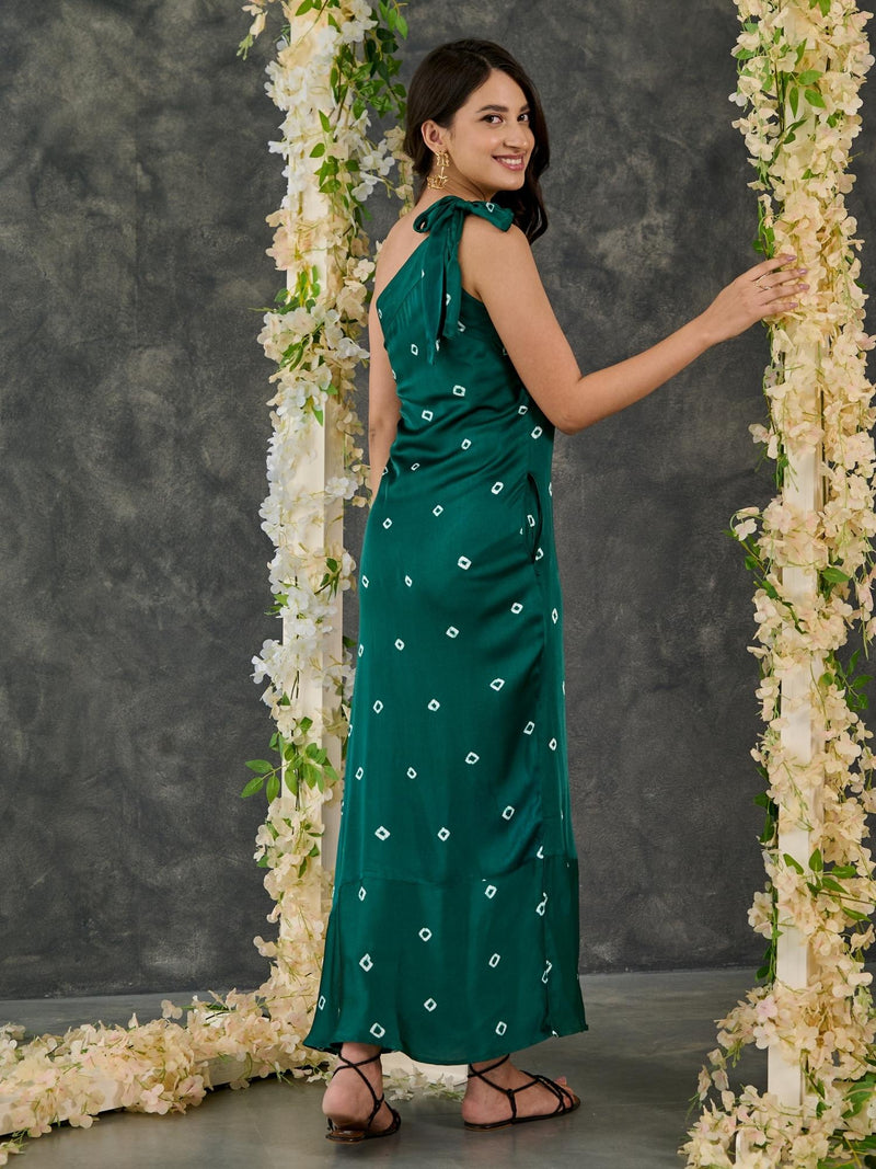 Green Bandhani Modal Satin One- Shoulder Dress