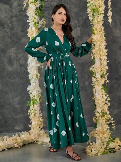 Green Bandhani Modal Satin Maxi Dress
