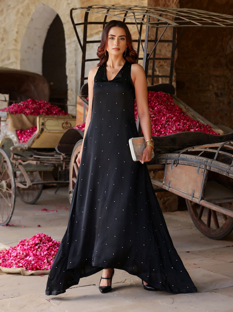 Black Sequin Satin Maxi Dress