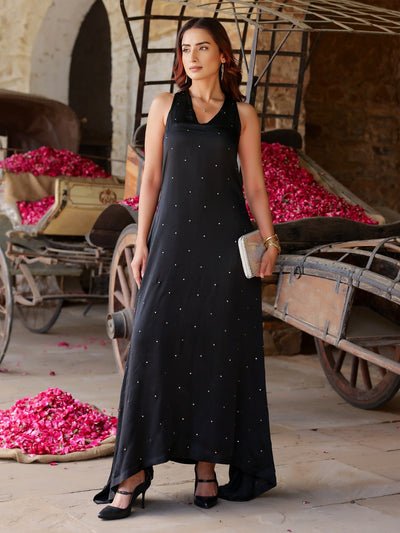 Black Sequin Satin Maxi Dress