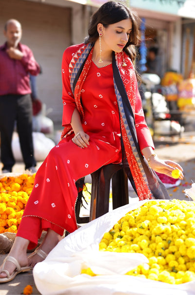 EXP - Bandhani High Slit Modal Satin Kurta