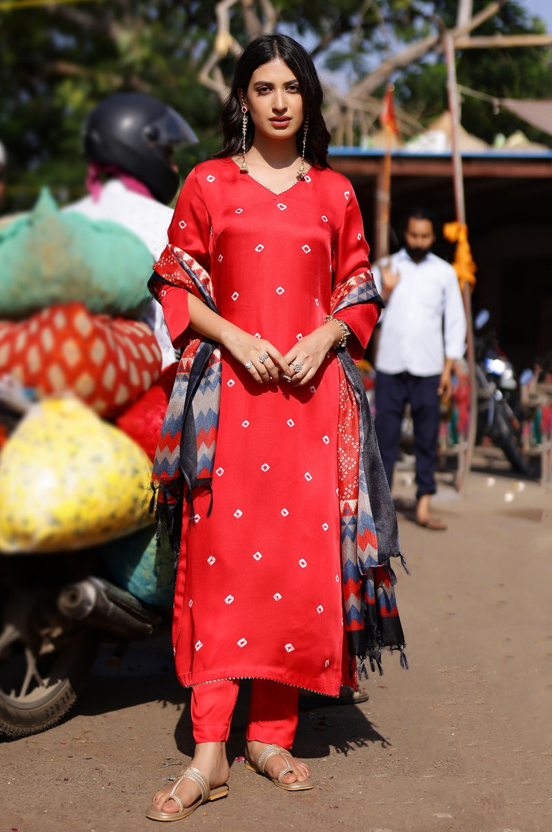 EXP - Bandhani High Slit Modal Satin Kurta