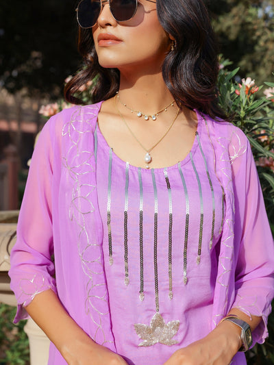 Lilac Lotus Embroidered Sharara with Jacket - Set of 3