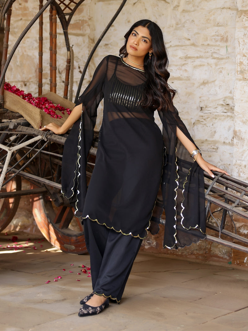 Black Sequin Detailed Gorgette Kurta - Set of 3