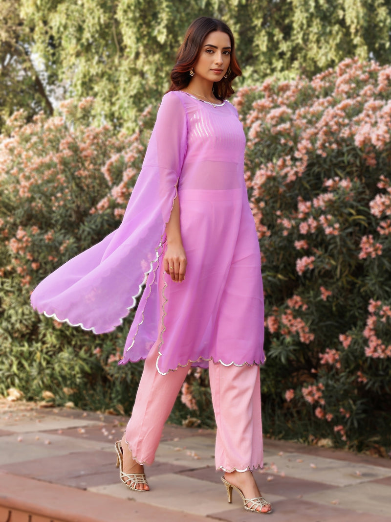 EXP - Lilac & Baby Pink Sequin Detailed Gorgette Kurta - Set of 3