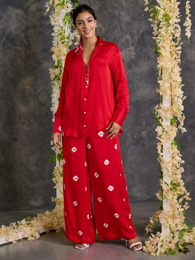 Red Bandhani Modal Satin Co-Ord Set