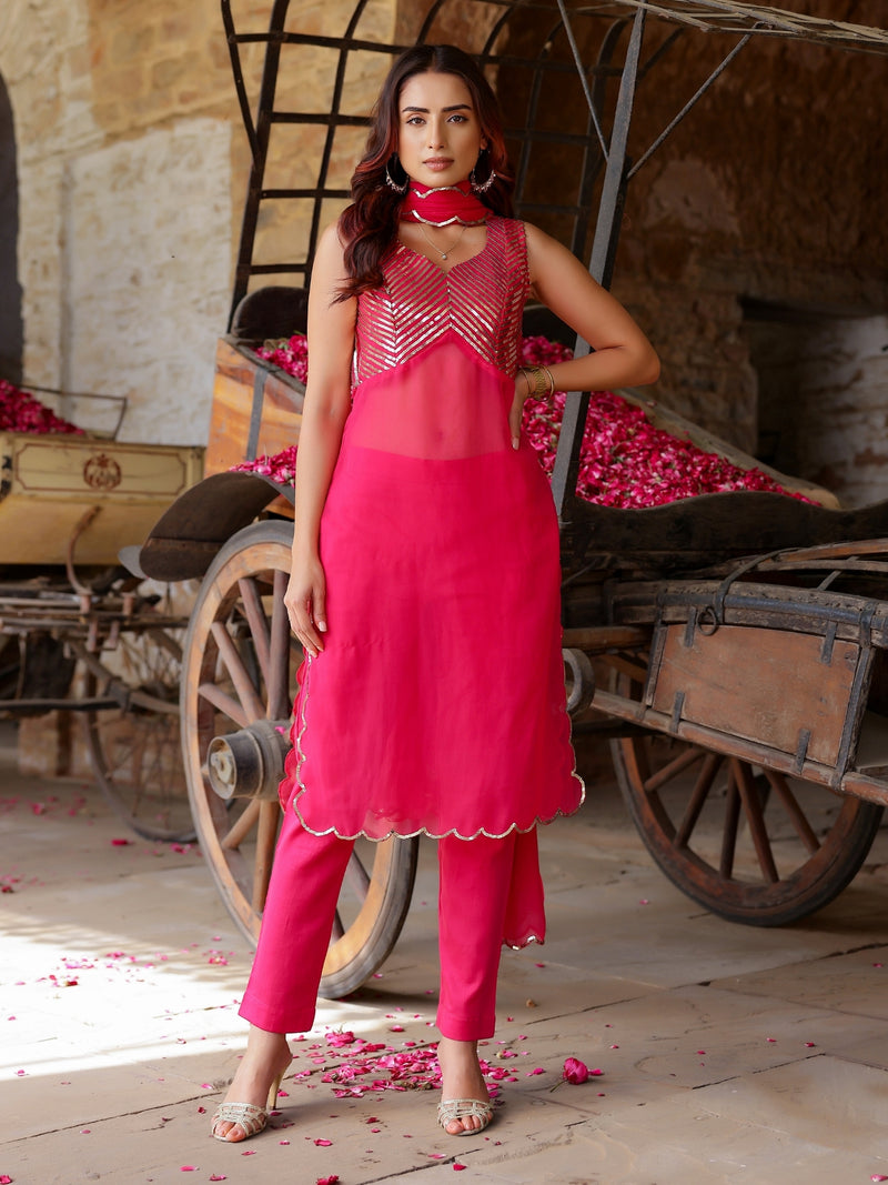 HotPink Sequin Georgette Kurta Set with Dupatta - Set of 3