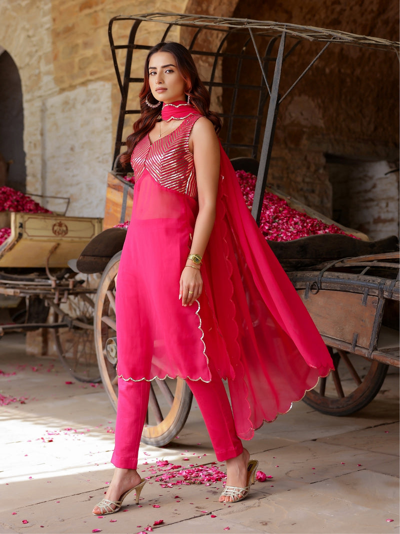 HotPink Sequin Georgette Kurta Set with Dupatta - Set of 3