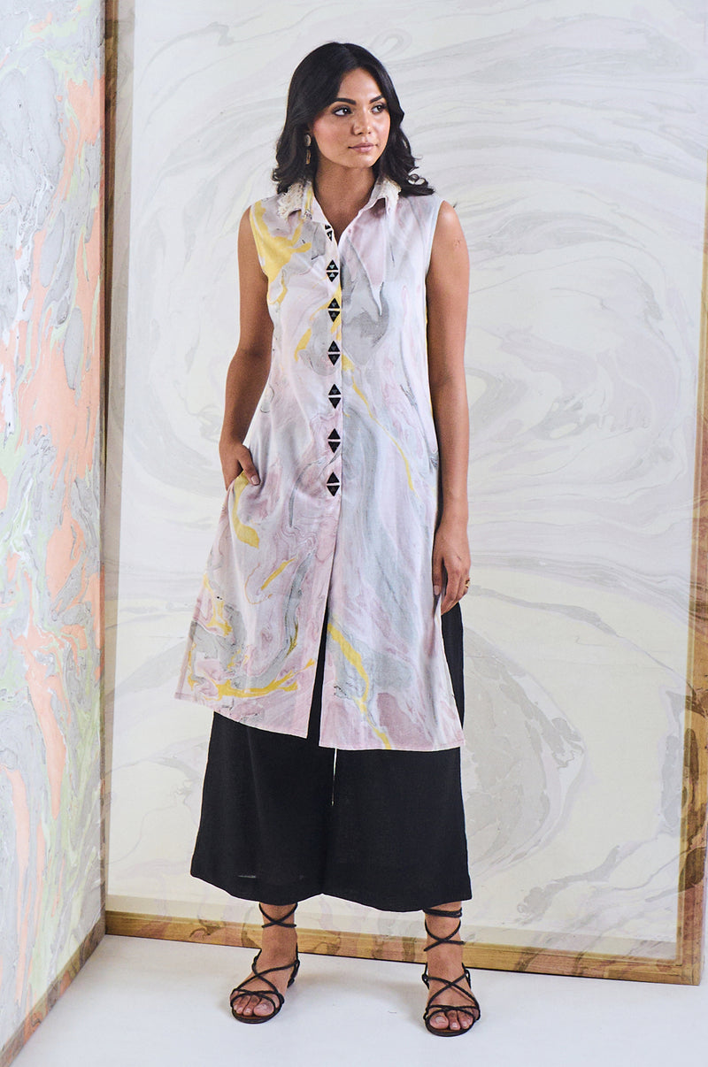 EXP - Yellow Marble Sleeveless Kurta Pant