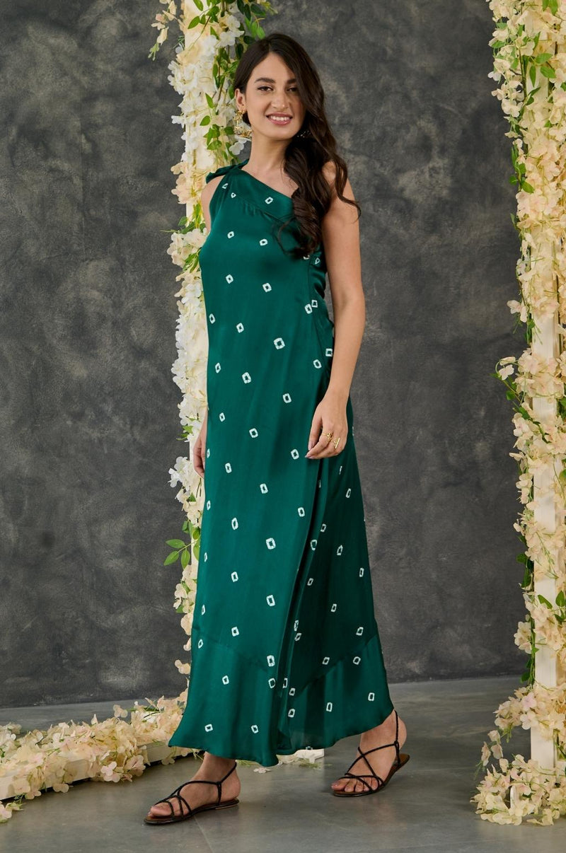 EXP - Green bandhani one shoulder dress