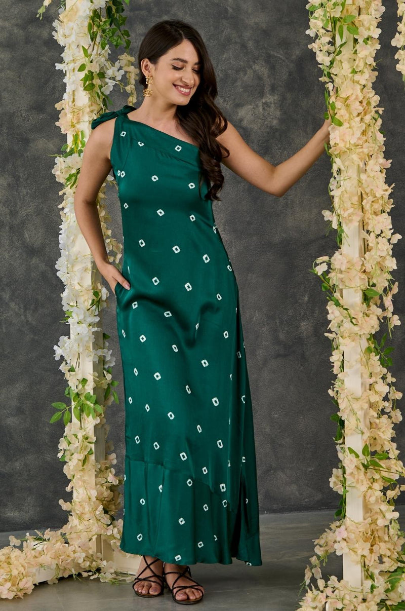 EXP - Green bandhani one shoulder dress