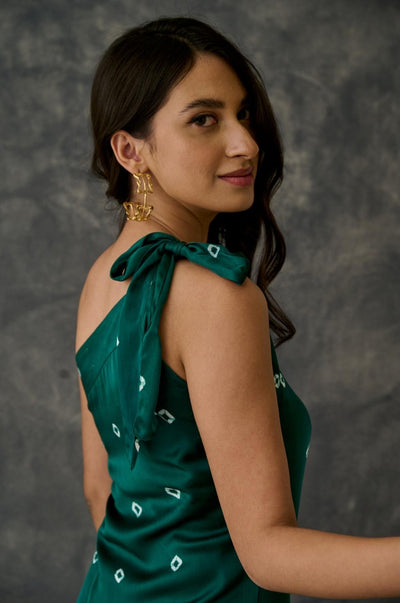 EXP - Green bandhani one shoulder dress