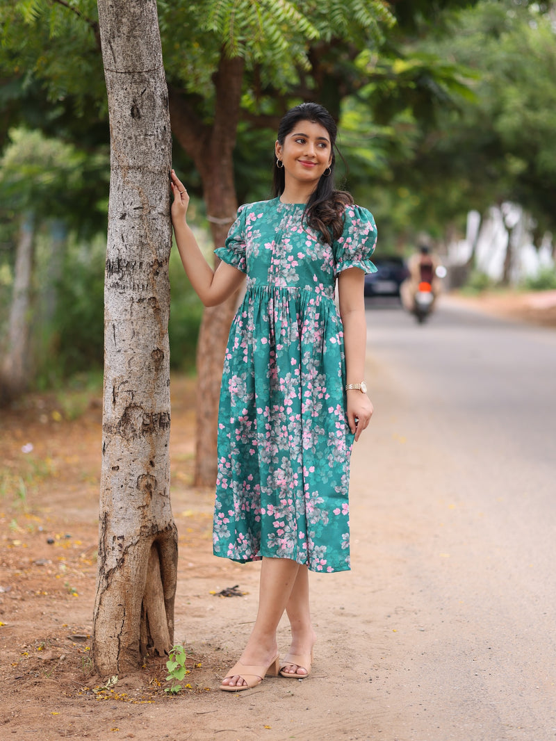 Green & Peach Floral Dress