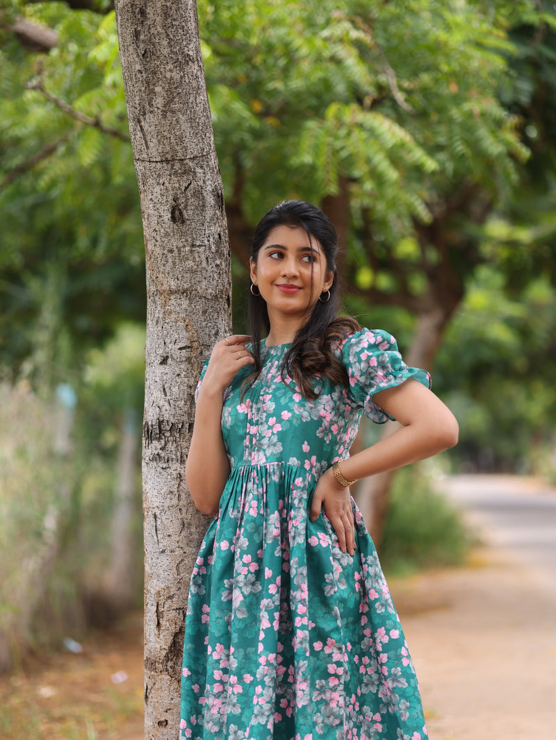 Green & Peach Floral Dress