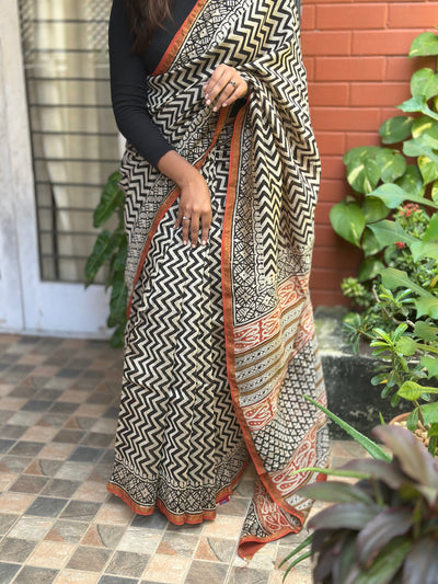 EXP - Kanmani  Black Checks Handblock printed Chanderi silk saree