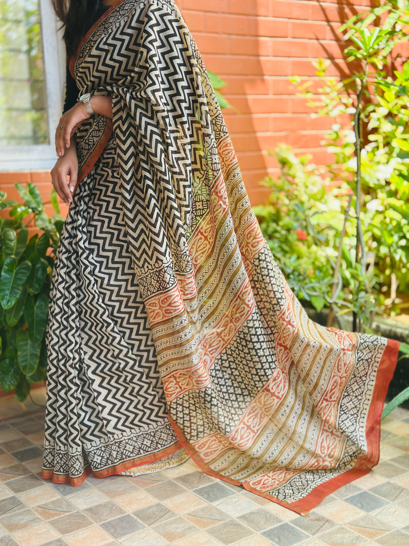 EXP - Kanmani  Black Checks Handblock printed Chanderi silk saree