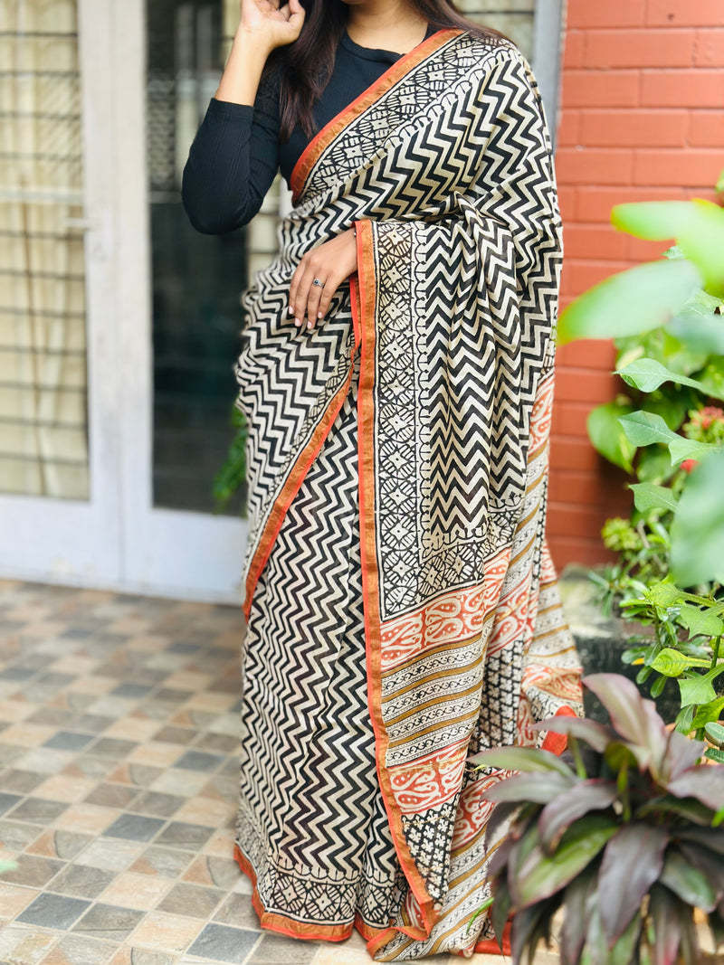 EXP - Kanmani  Black Checks Handblock printed Chanderi silk saree