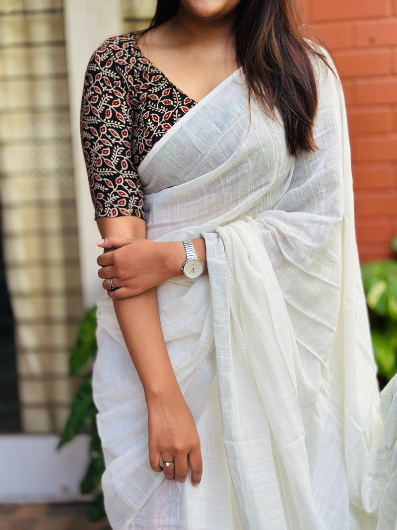 EXP - Kanmani -  White Linen Saree