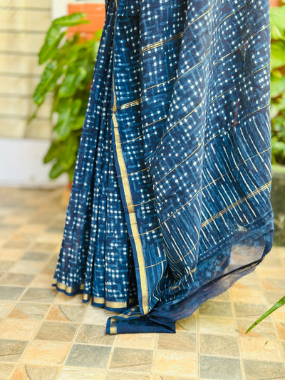 EXP - Kanmani  indigo checks  with sandal Handblock printed Chanderi silk saree