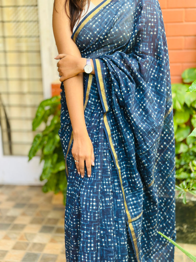 EXP - Kanmani  indigo checks  with sandal Handblock printed Chanderi silk saree