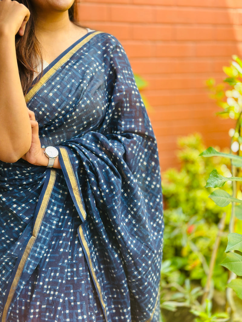 EXP - Kanmani  indigo checks  with sandal Handblock printed Chanderi silk saree