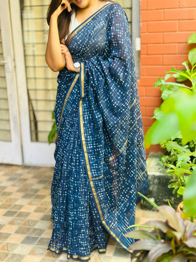 EXP - Kanmani  indigo checks  with sandal Handblock printed Chanderi silk saree