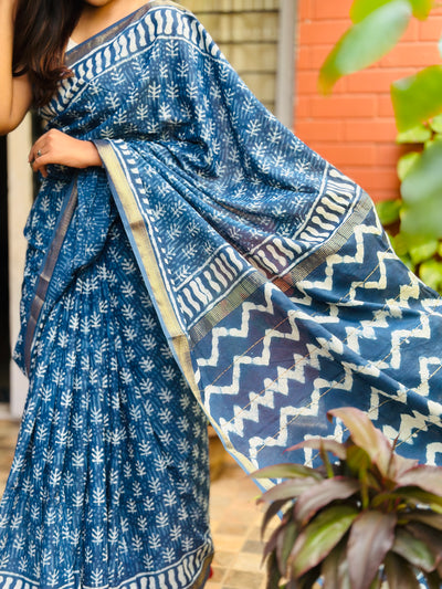 EXP - Kanmani  Indigo with white Handblock printed Maheshwari silk cotton saree