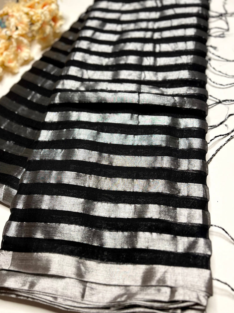 Handwoven Cotton Saree - Black Night + Silver