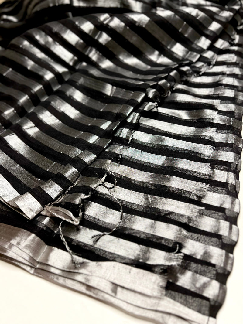 Handwoven Cotton Saree - Black Night + Silver