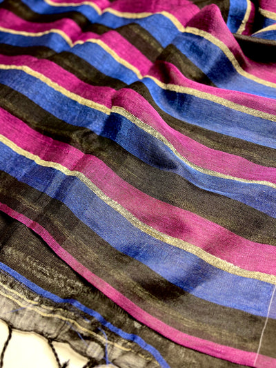 Handwoven Linen Saree - Mulberry + Deep Blue + Black
