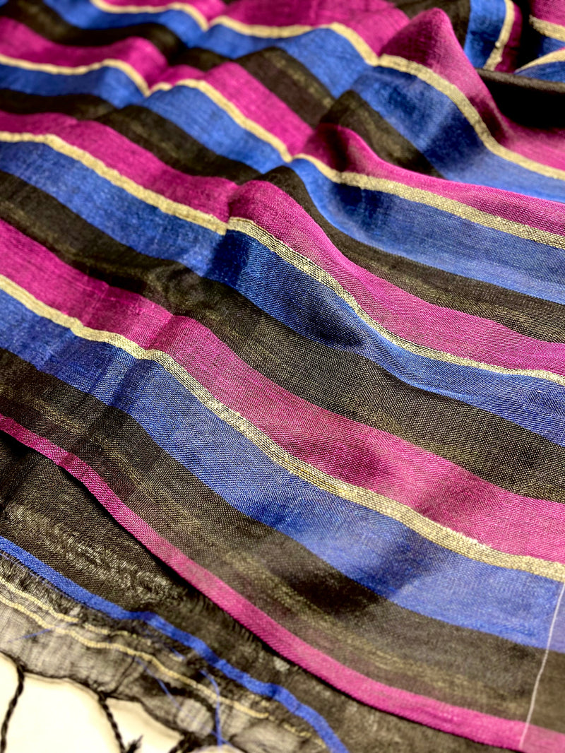 Handwoven Linen Saree - Mulberry + Deep Blue + Black