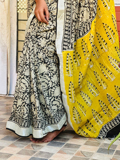 EXP - Kanmani Black floral linen saree