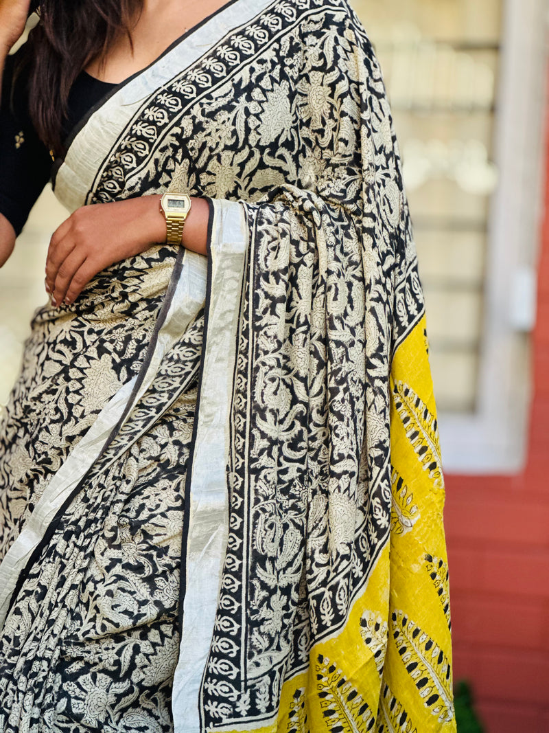 EXP - Kanmani Black floral linen saree