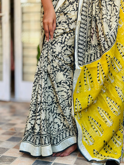 EXP - Kanmani Black floral linen saree