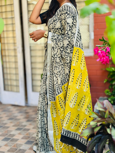 EXP - Kanmani Black floral linen saree