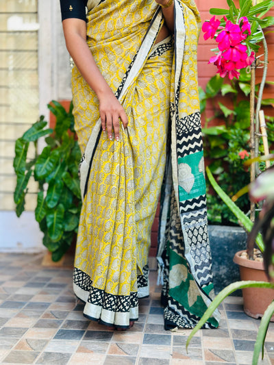 EXP - Kanmani Yellow with green linen saree