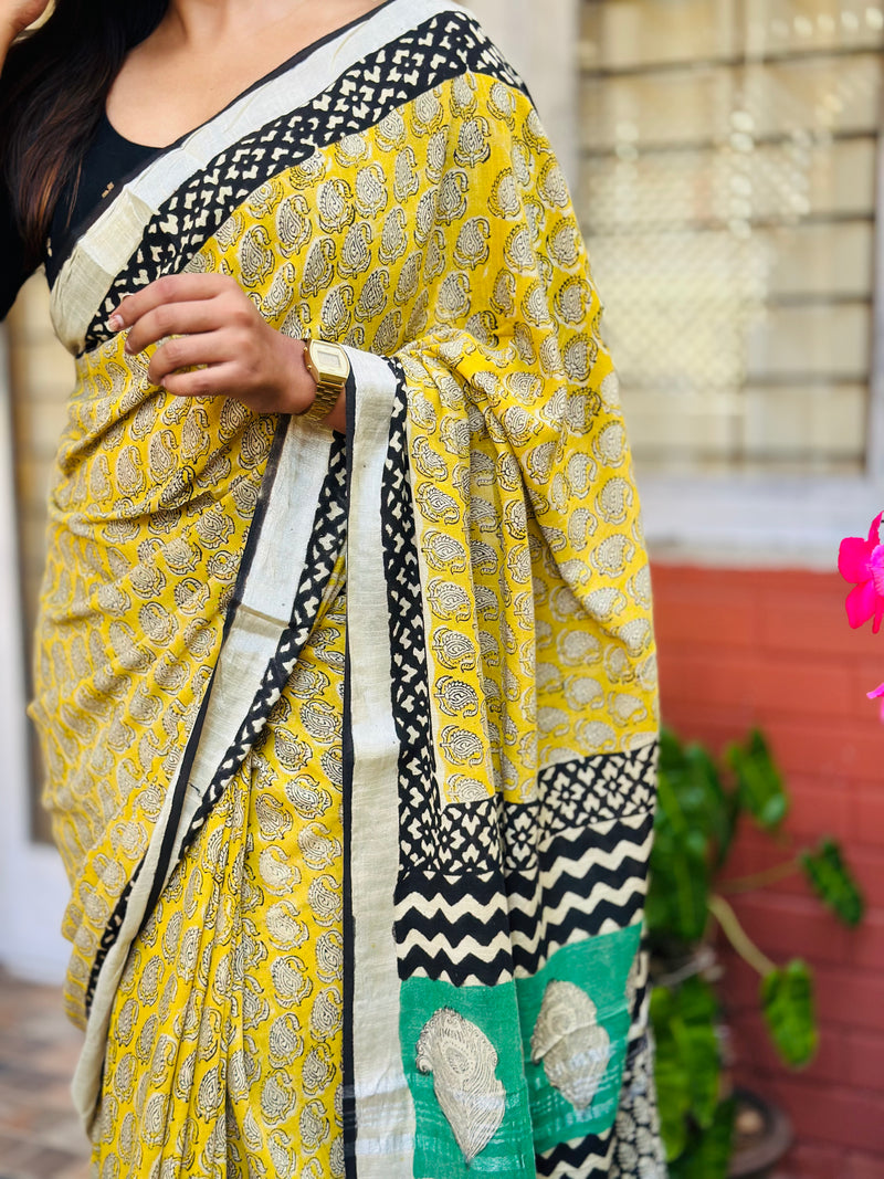 EXP - Kanmani Yellow with green linen saree