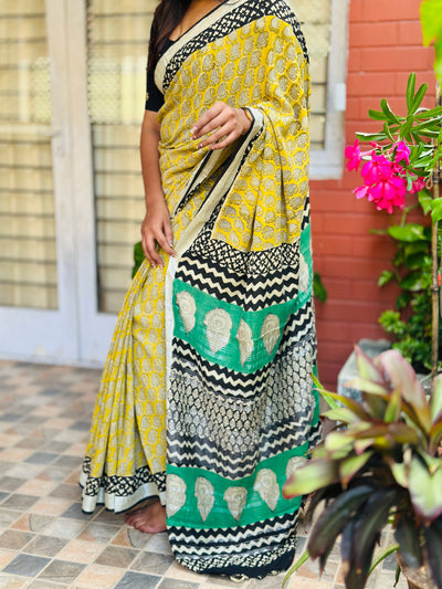 EXP - Kanmani Yellow with green linen saree