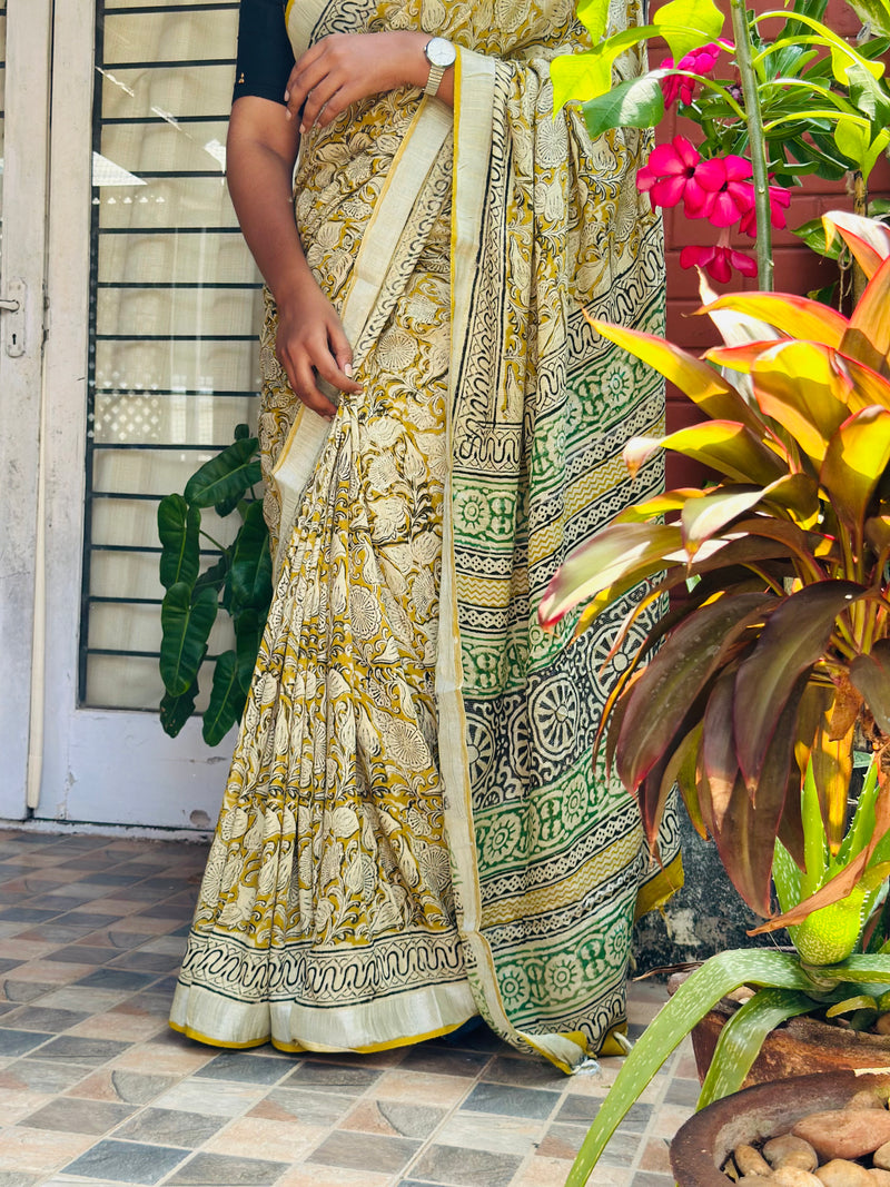 EXP - Kanmani Mustard with Green Linen saree
