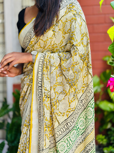 EXP - Kanmani Mustard with Green Linen saree