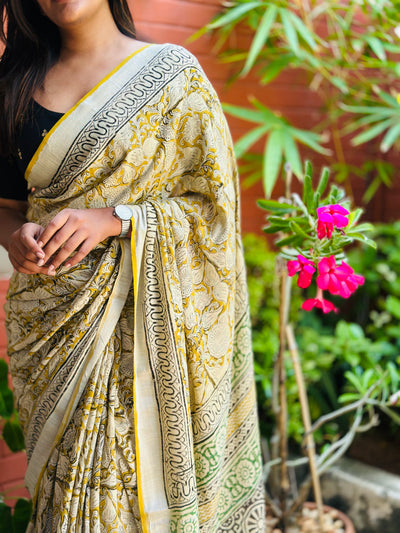 EXP - Kanmani Mustard with Green Linen saree