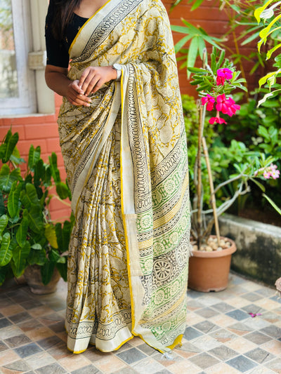 EXP - Kanmani Mustard with Green Linen saree