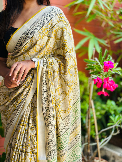 EXP - Kanmani Mustard with Green Linen saree