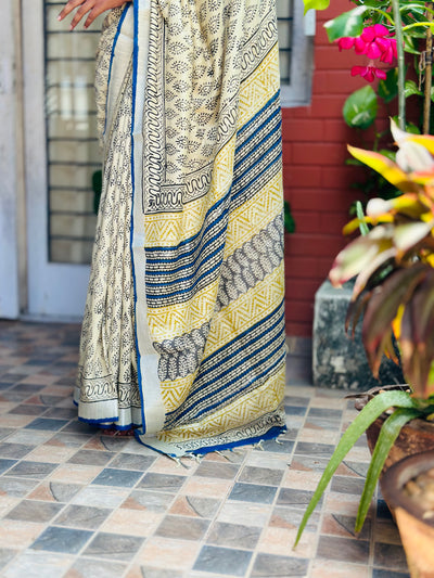EXP - Kanmani White with blue linen saree